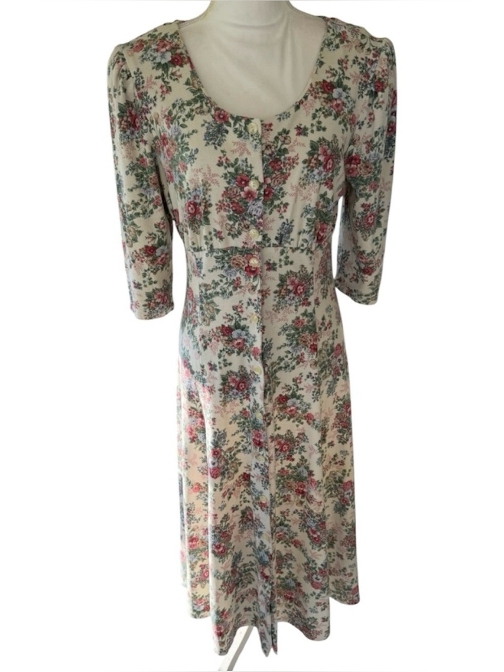Eber Vintage Cottage core cream floral cotton blend midi dress puff sleeves